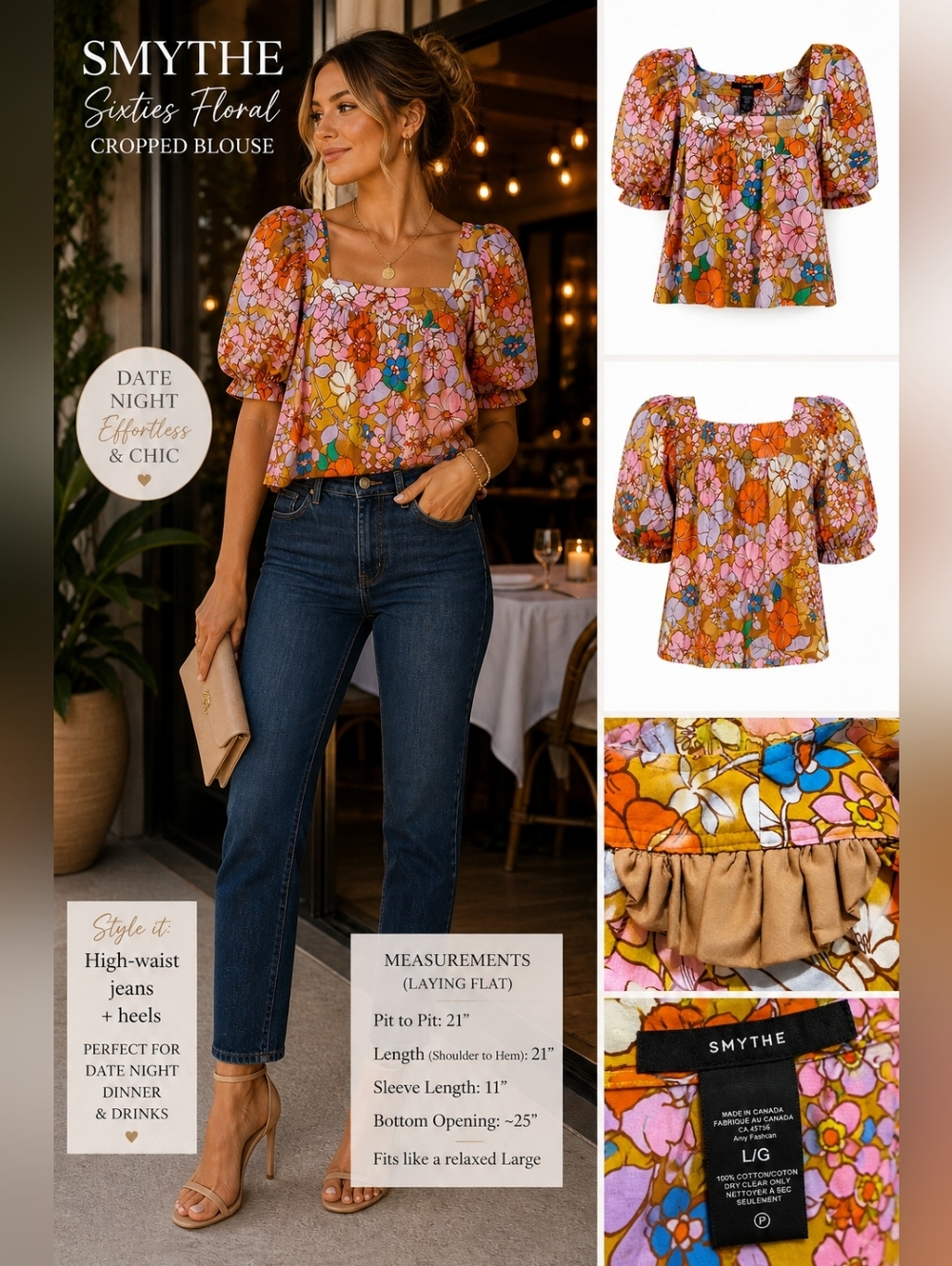Smythe Sixties Floral Cropped Blouse L Puff Sleeve Square Neck Boho Retro Cotton